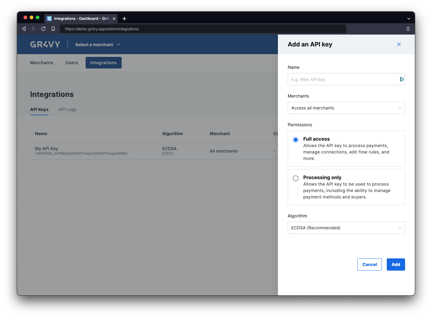 API key dashboard