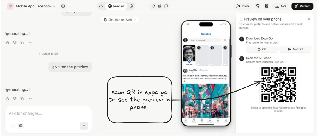 Scan the QR with Expo Go to load the preview on your phone