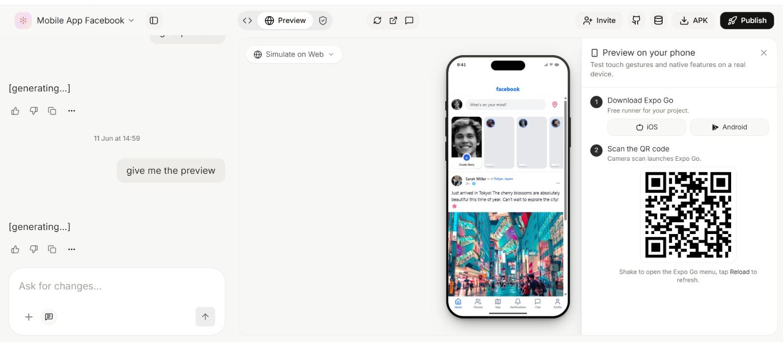 Mobile App Mode — phone preview with Expo Go QR for on-device testing