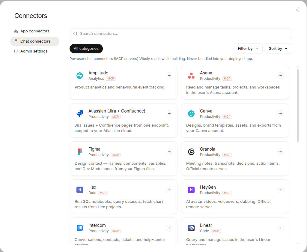 Chat connectors panel — Amplitude, Asana, Atlassian, Canva, Figma, Granola, Hex, HeyGen, Intercom, Linear
