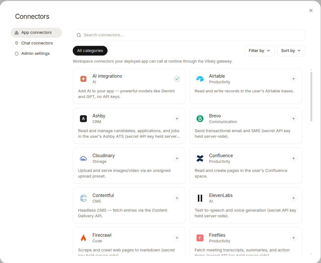 Connectors panel — App connectors catalogue with categories and search