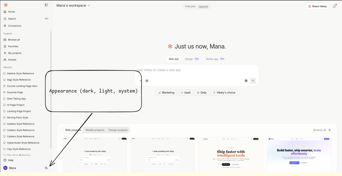 Appearance picker — dark, light, system — at bottom of sidebar