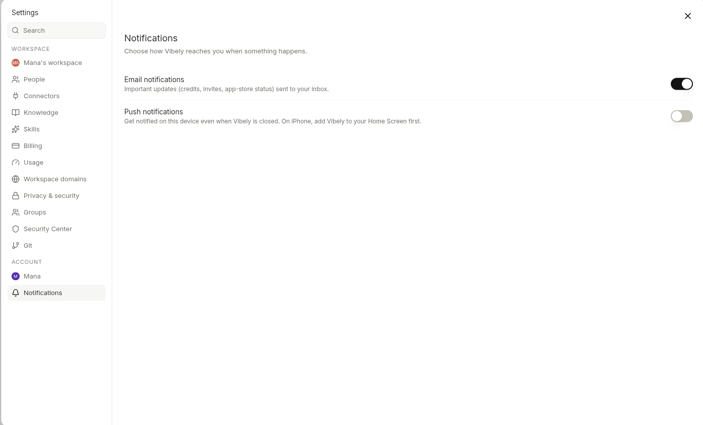 Settings → Notifications — email and push toggles