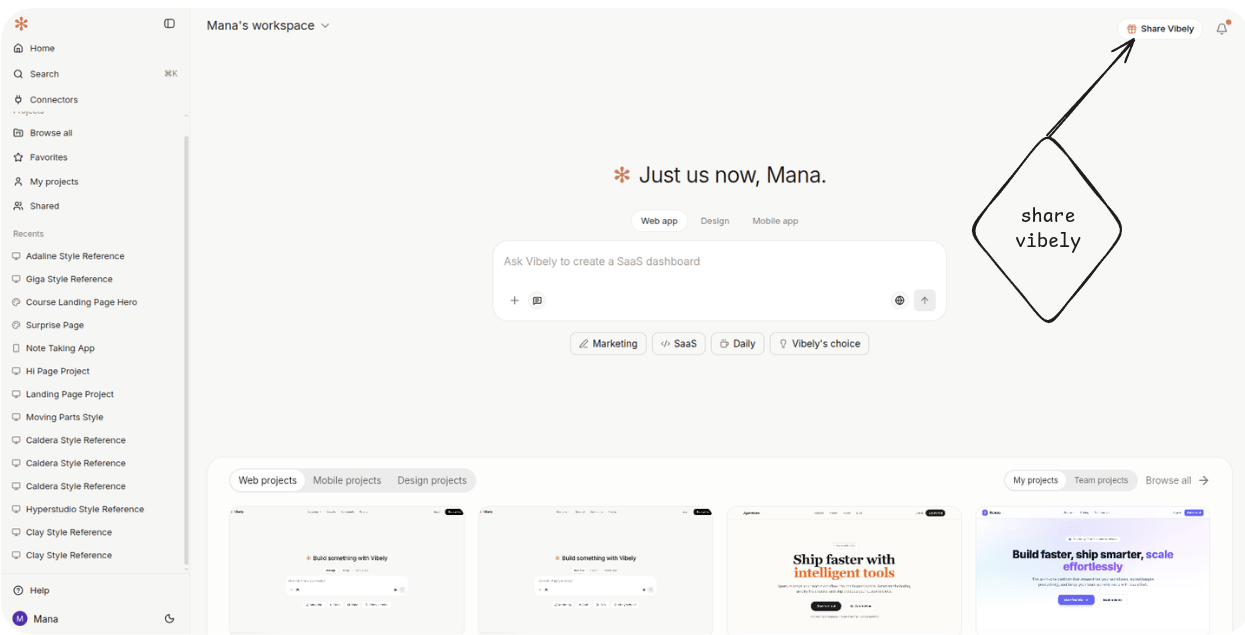 Share Vibely button in the dashboard header