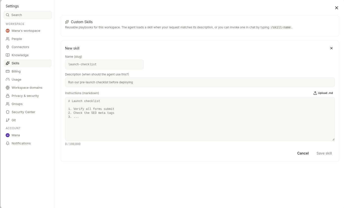 Settings → Skills — New skill form