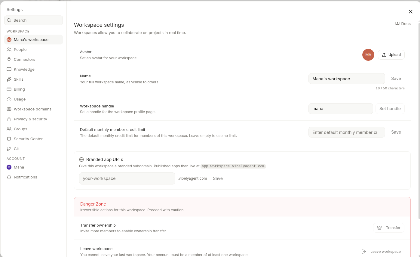 Workspace settings — avatar, name, handle, branded URLs