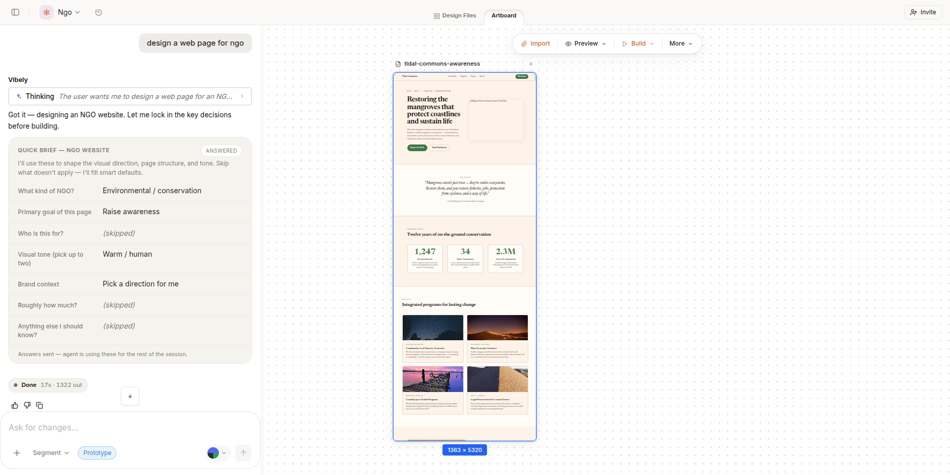 Design artboard — chat plan alongside a live interactive design preview