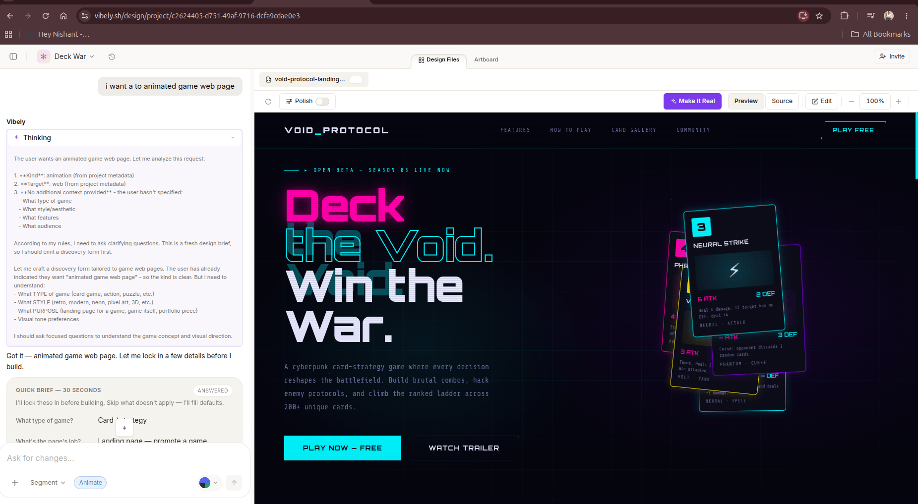 Vibely Design Mode — chat composer with a high-fidelity landing page on the artboard