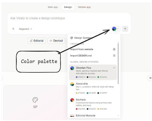 Design Systems picker in the composer — Obsidian Flux, Alexandria, Bauhaus