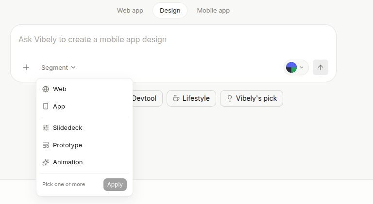 Segment picker in the composer — Web, App, Slidedeck, Prototype, Animation
