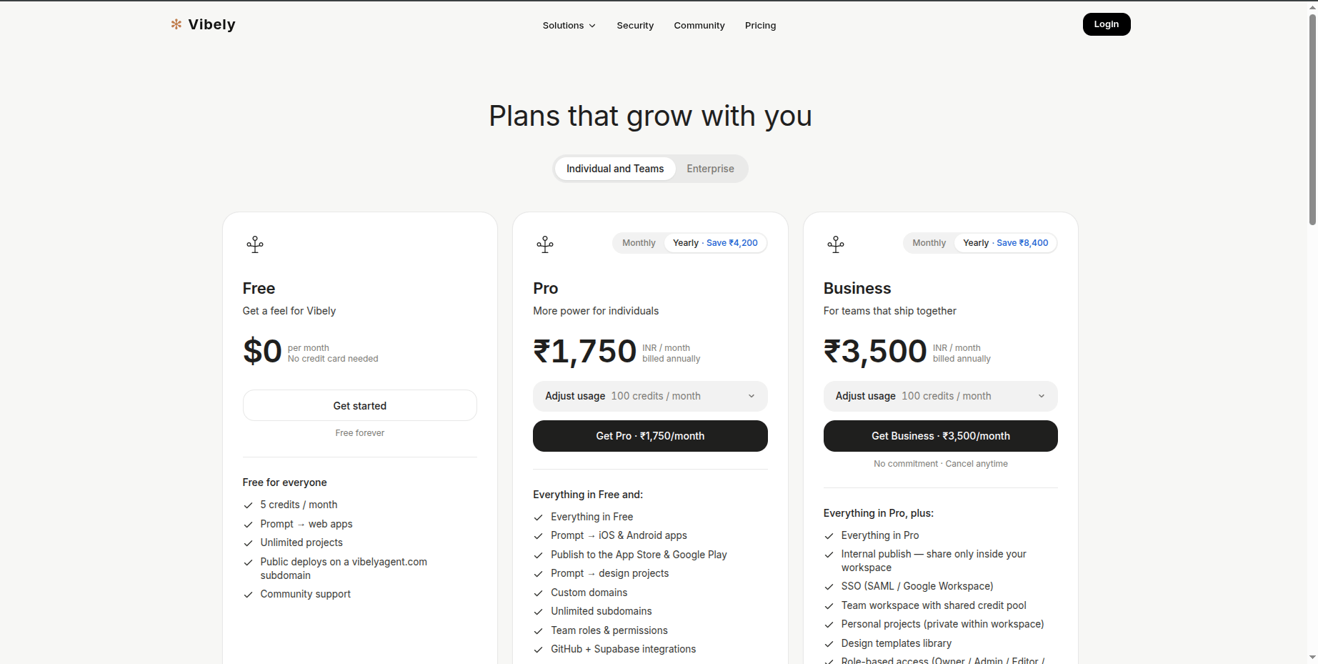 Vibely plans — Free, Pro, Business