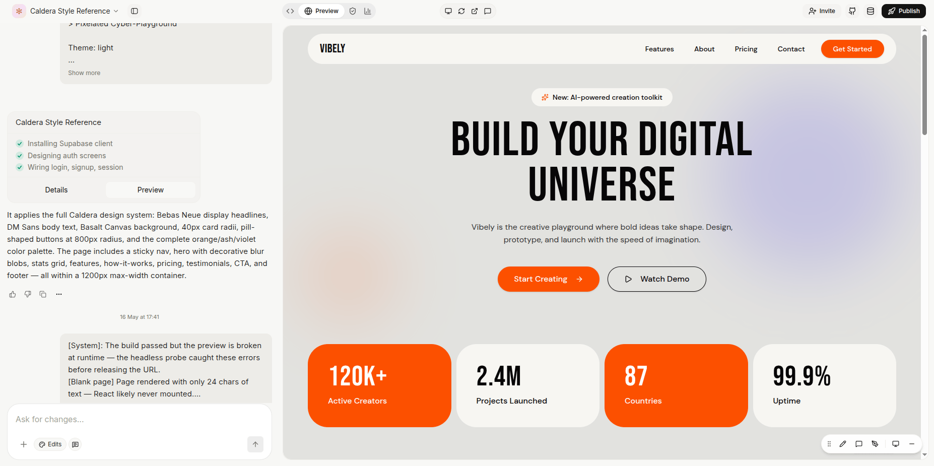 Vibely web app — chat composer with a live preview