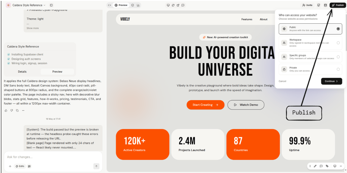 Publish button and access-control picker — Public, Workspace, Specific groups, Private