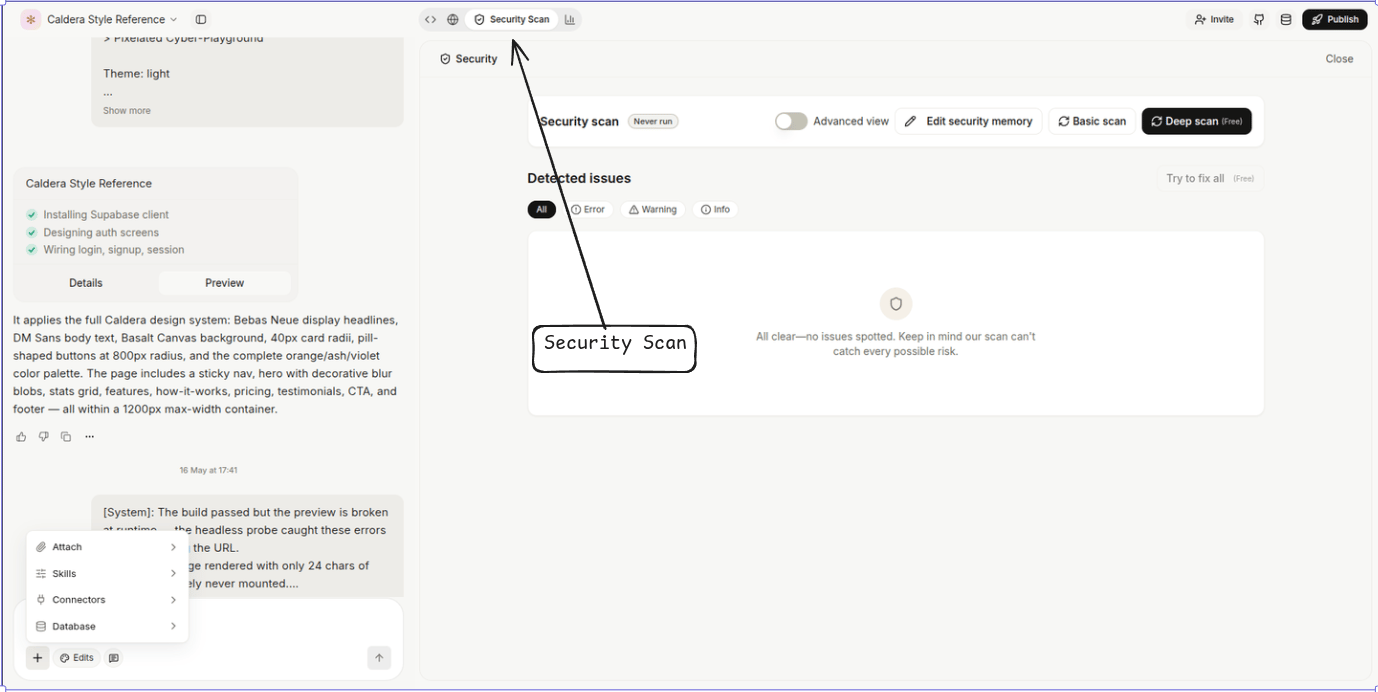 Security scan panel — Basic and Deep scan with detected issues