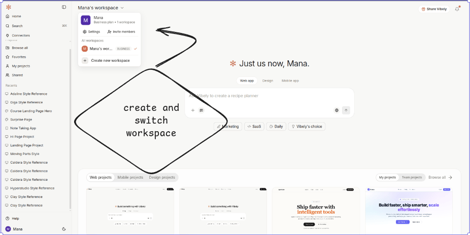 Workspace switcher — create and switch workspaces