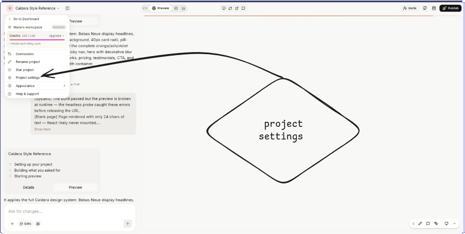 Project menu — opening Project settings from inside a project