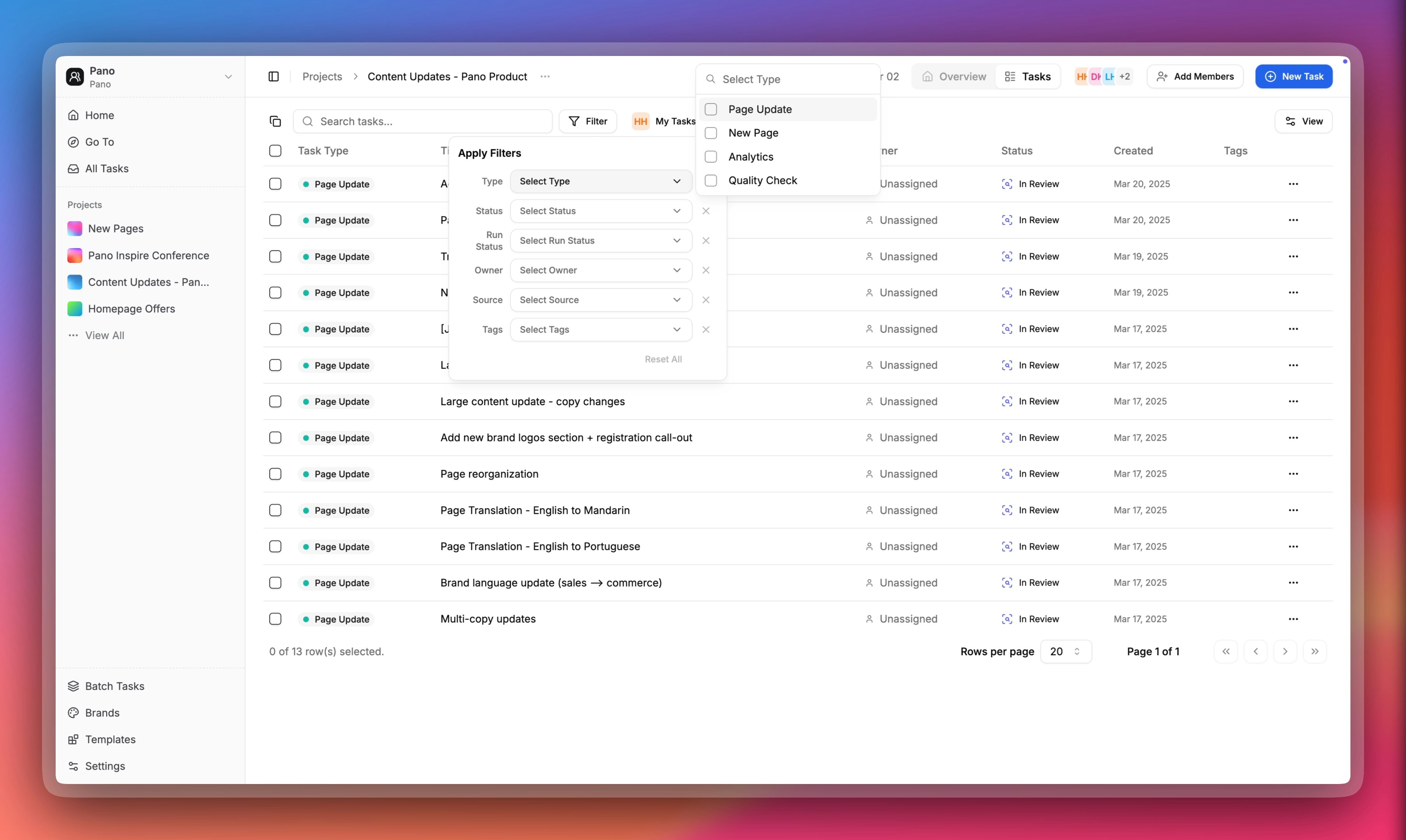 Project Task Table with Filters