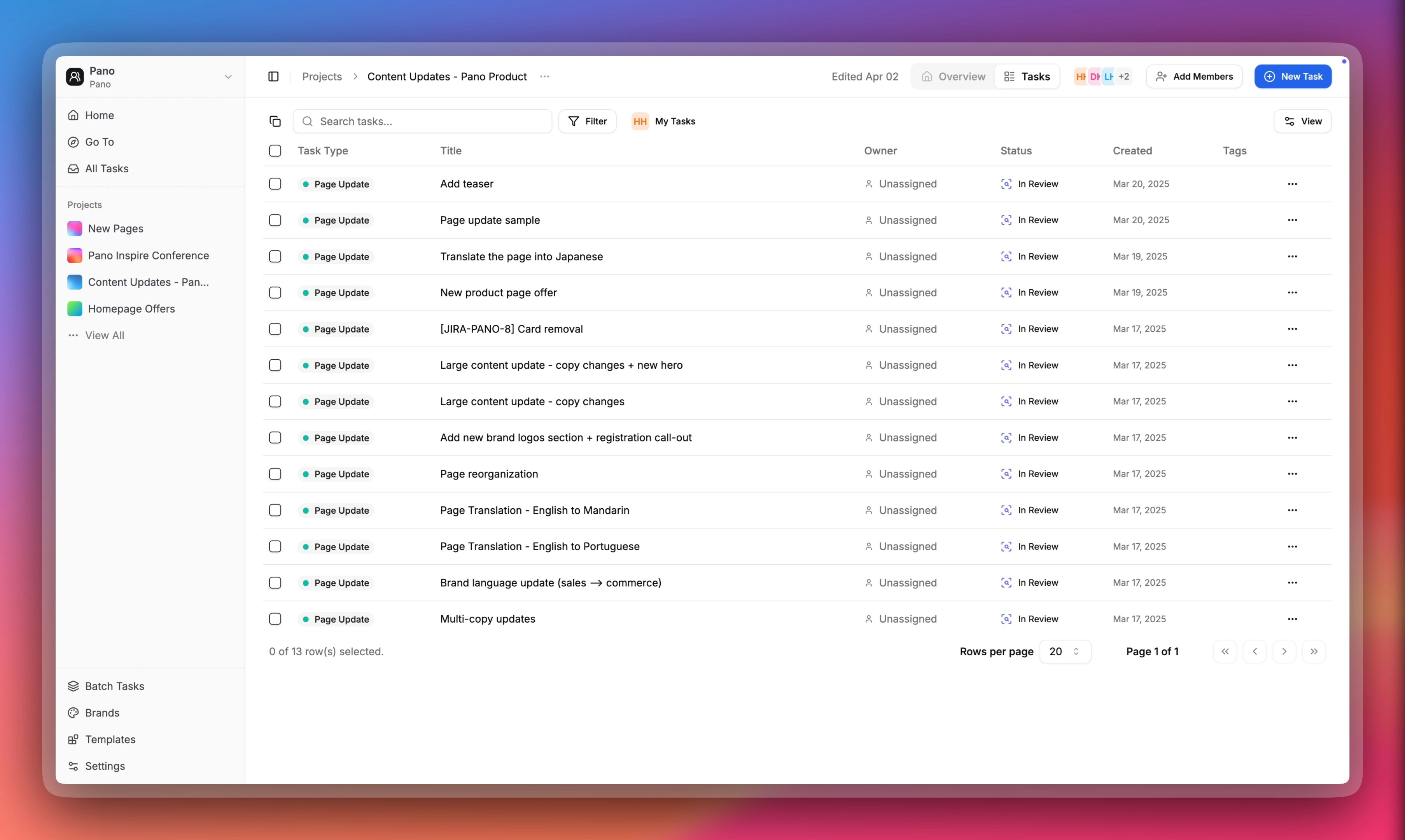 Project Task Table