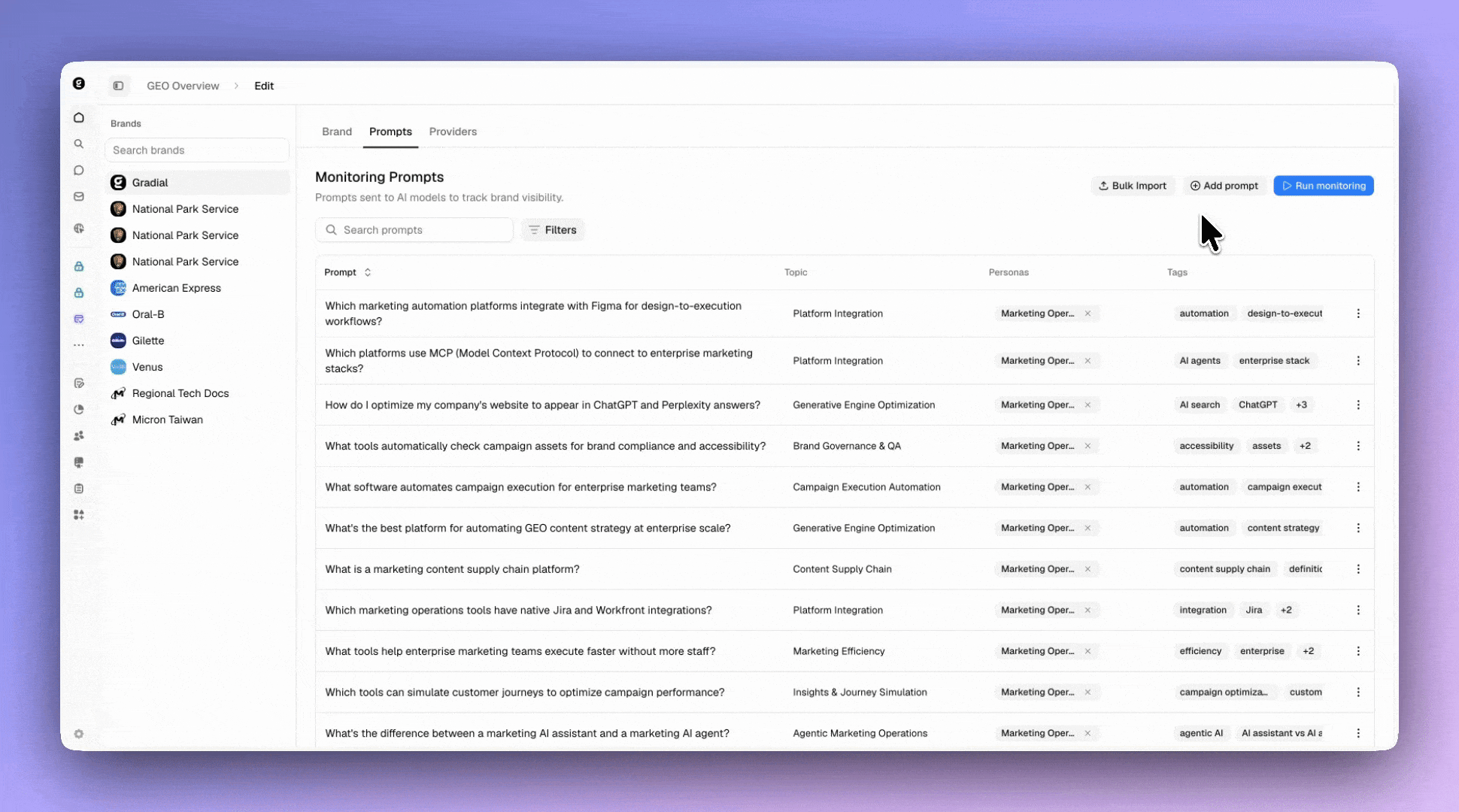 Setting up prompts on the GEO Monitoring dashboard — opening the Prompts tab, downloading the Bulk Import template, and assigning topics and personas