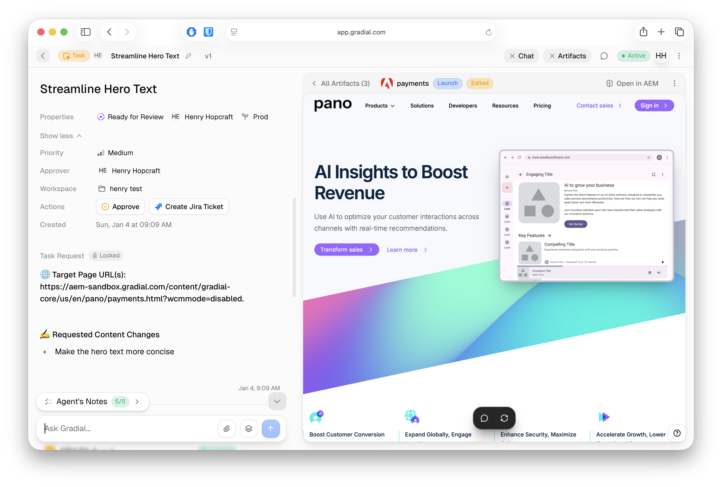 Ticket properties displayed above task request