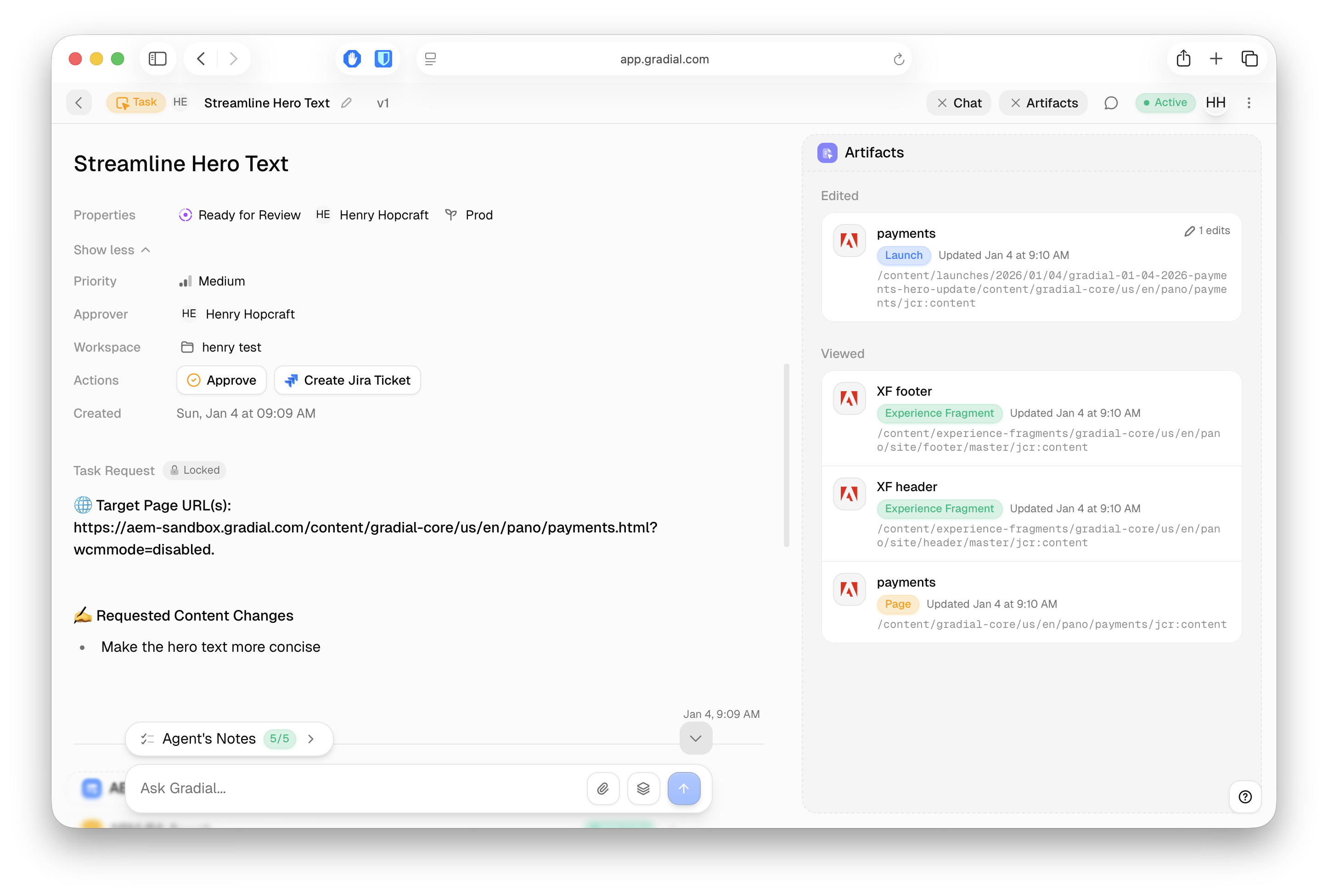 Artifacts drawer showing edited and viewed artifacts