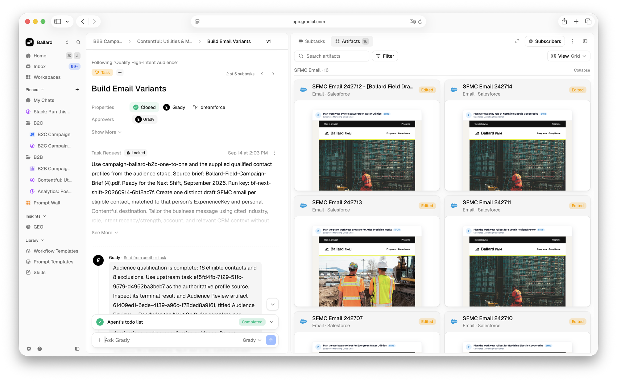 Artifacts tab showing a grid of email previews