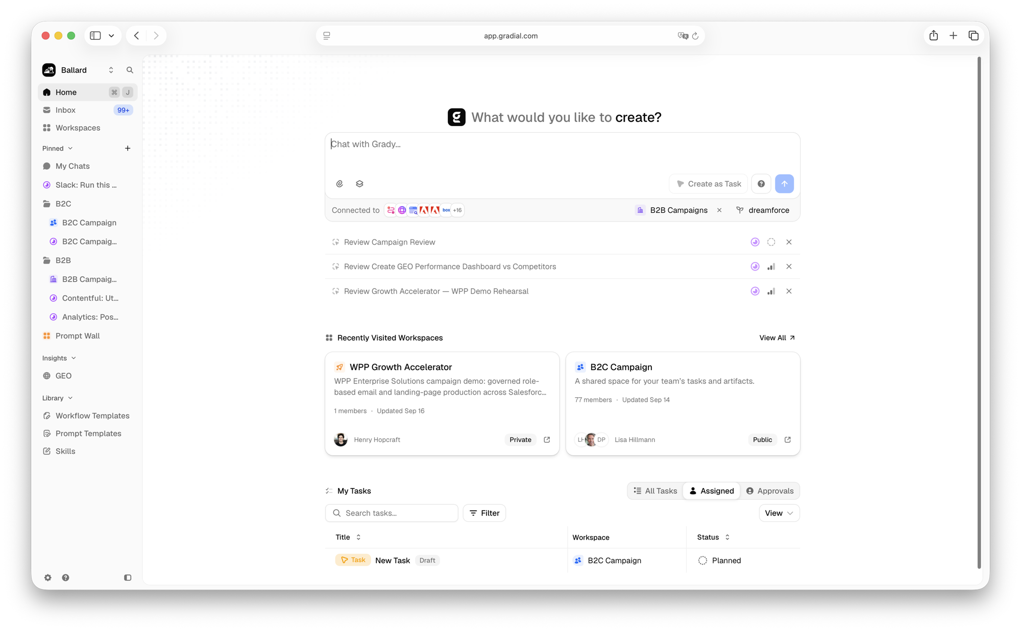 Gradial Home page with the Grady chat box, recent workspaces, and My Tasks