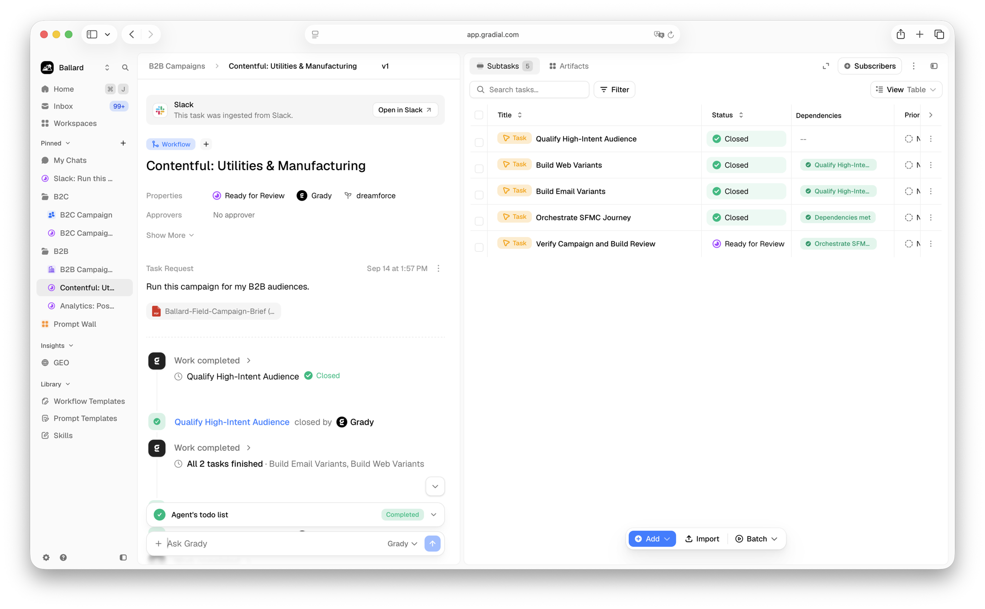 Subtasks table view with status and dependency columns
