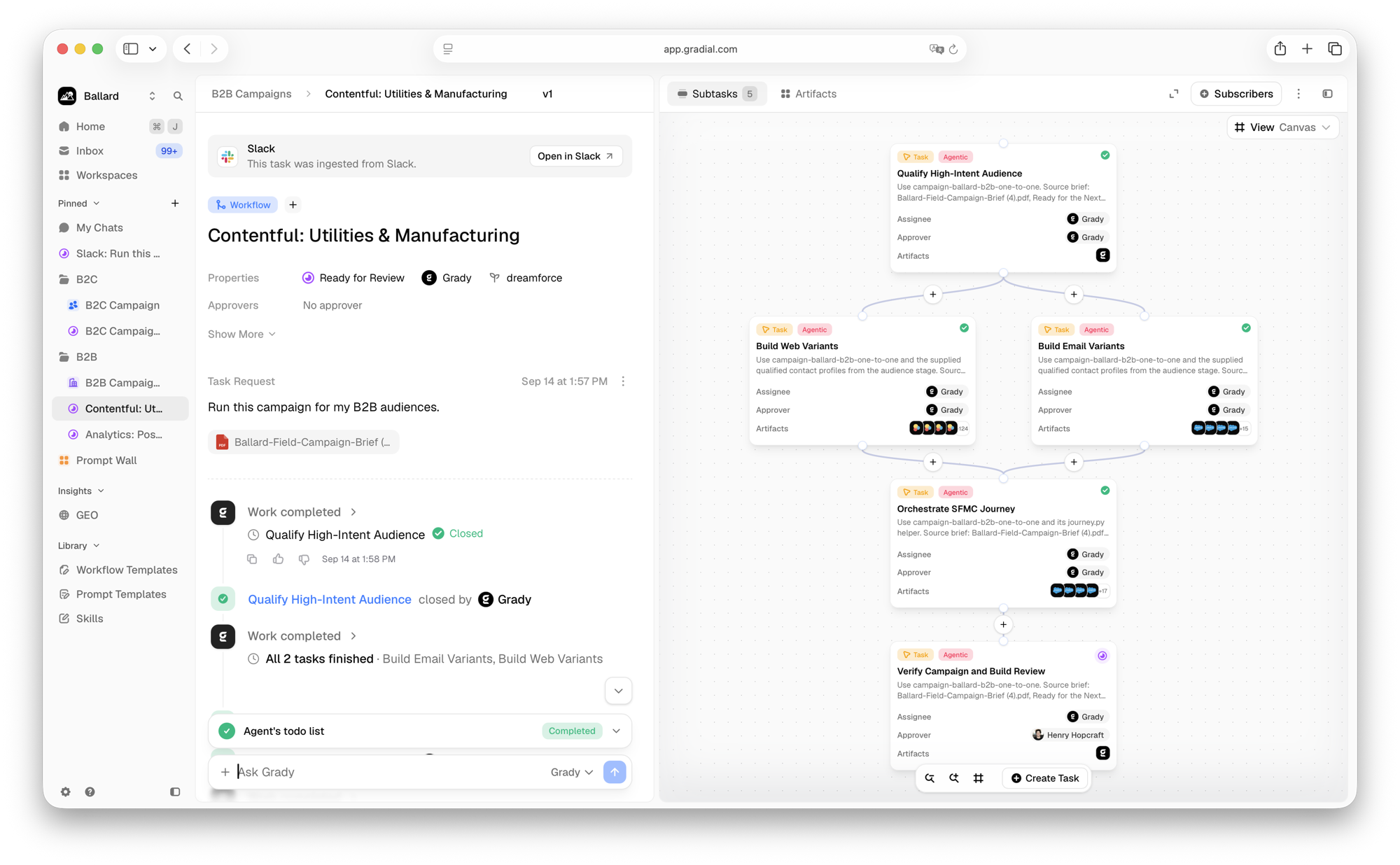 Open task with the task home on the left and the subtasks canvas on the right