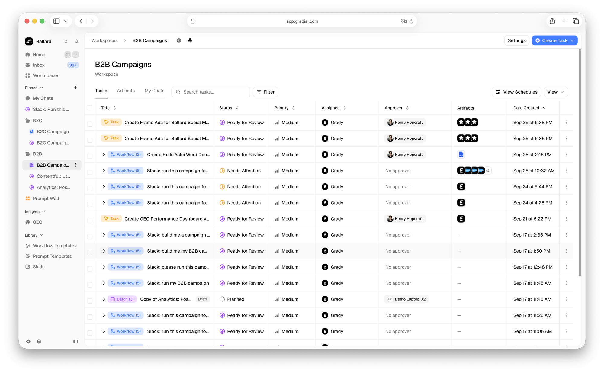 Workspace task list showing tasks, workflows, and batches