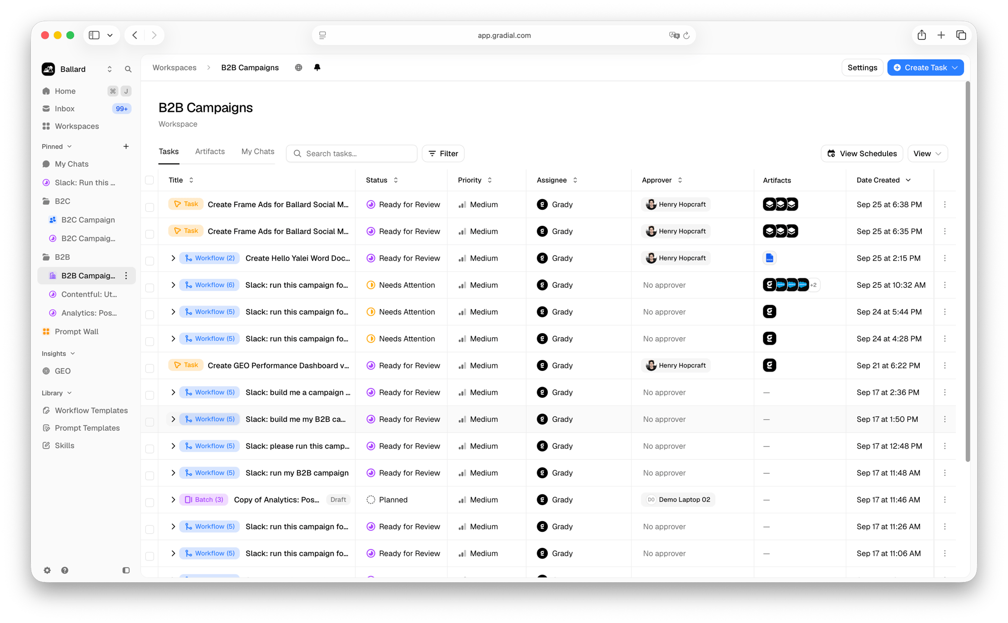 Workspace task list showing tasks, workflows, and batches Workspace task list showing tasks, workflows, and batches