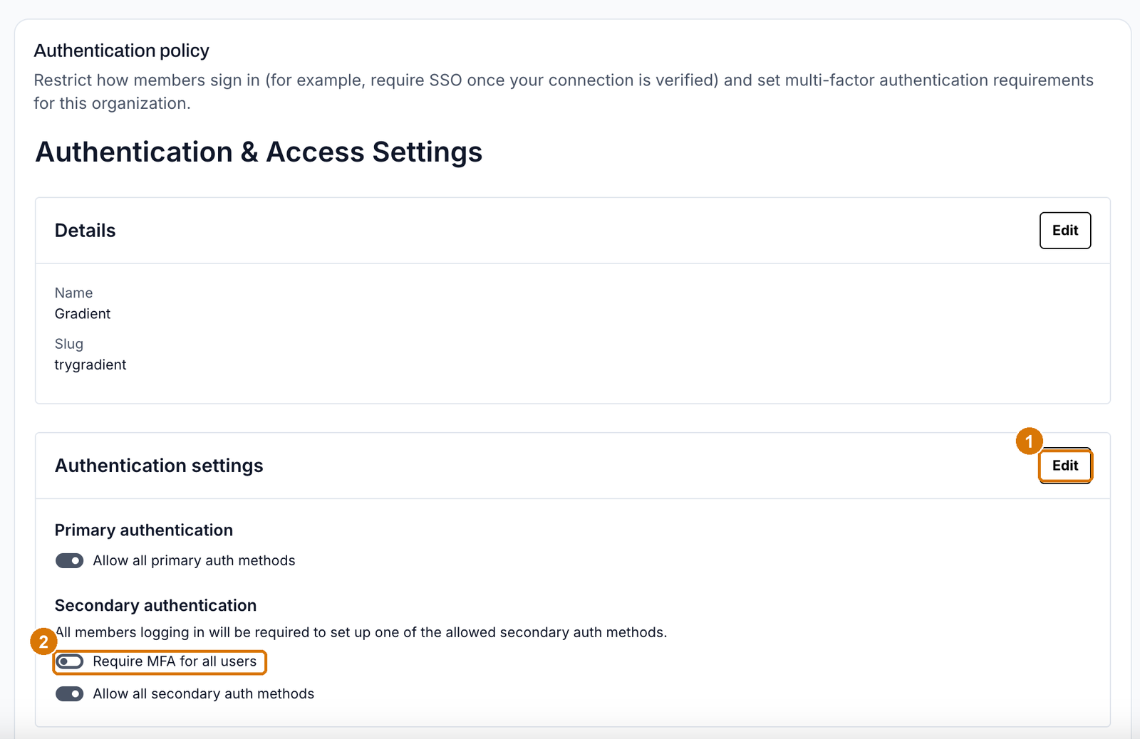 The Authentication settings block with the Edit button and the Require MFA for all users toggle highlighted