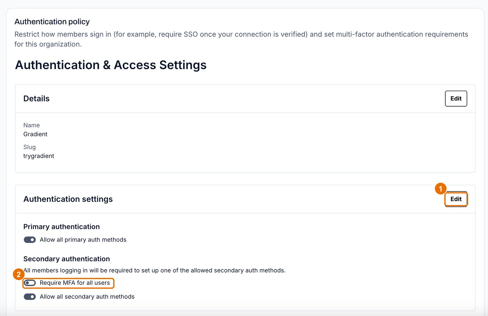 The Authentication settings block with the Edit button and the Require MFA for all users toggle highlighted