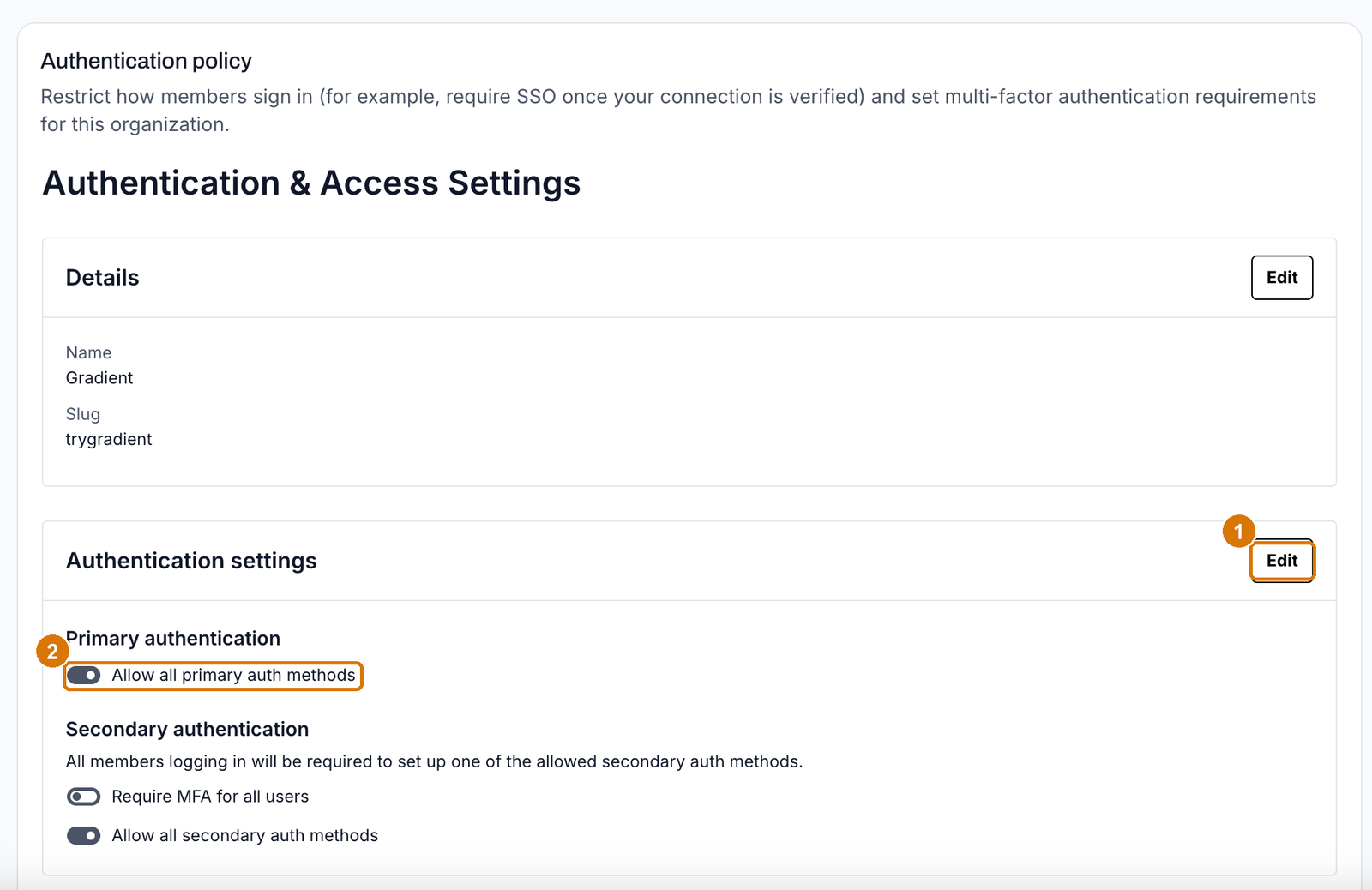 The Authentication settings block with the Edit button and the Allow all primary auth methods toggle highlighted