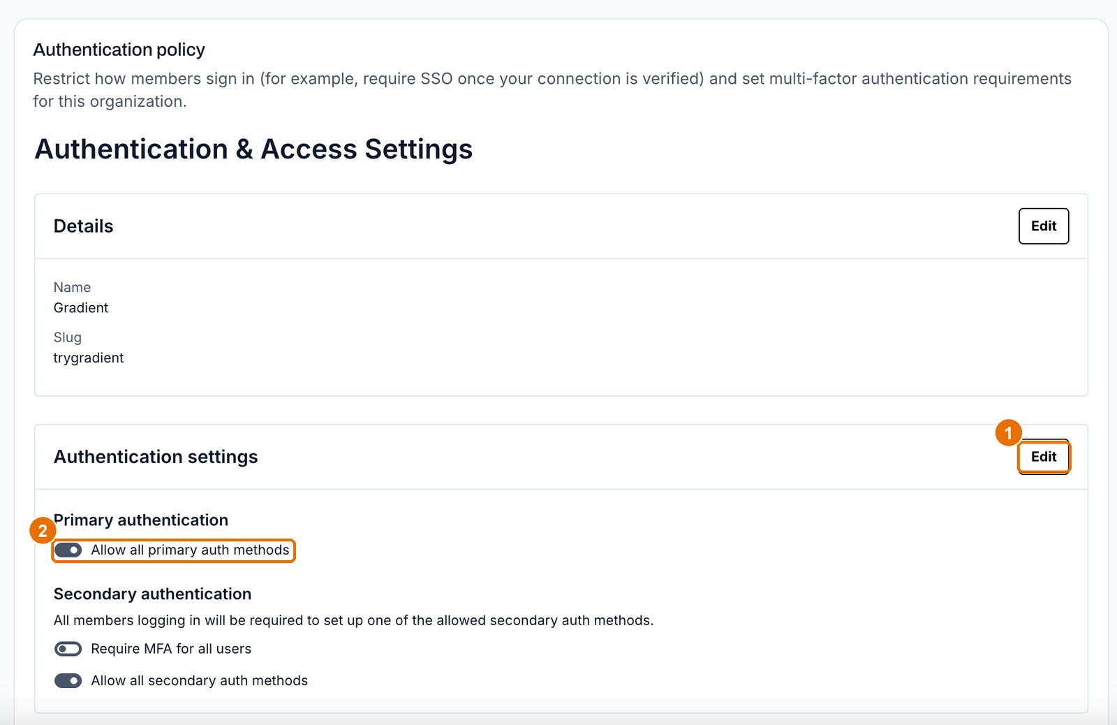 The Authentication settings block with the Edit button and the Allow all primary auth methods toggle highlighted