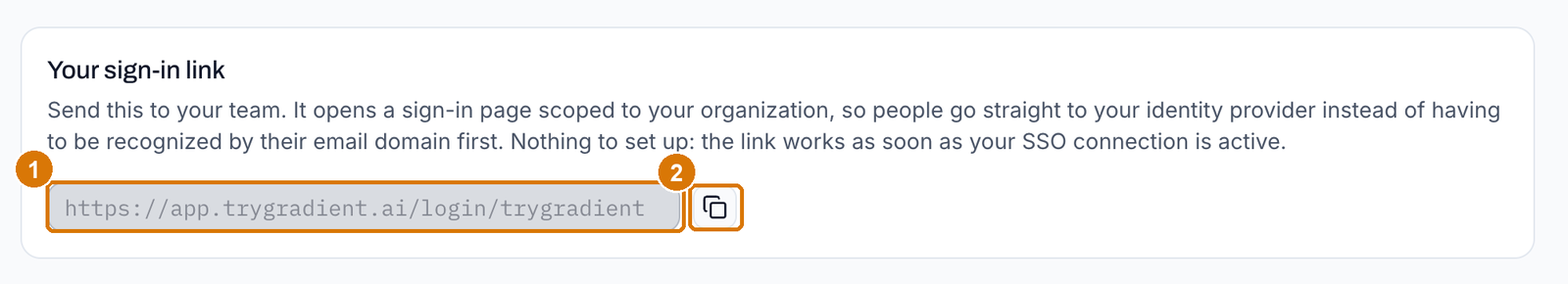 The Your sign-in link card with the organization link and the copy button highlighted