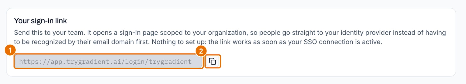 The Your sign-in link card with the organization link and the copy button highlighted