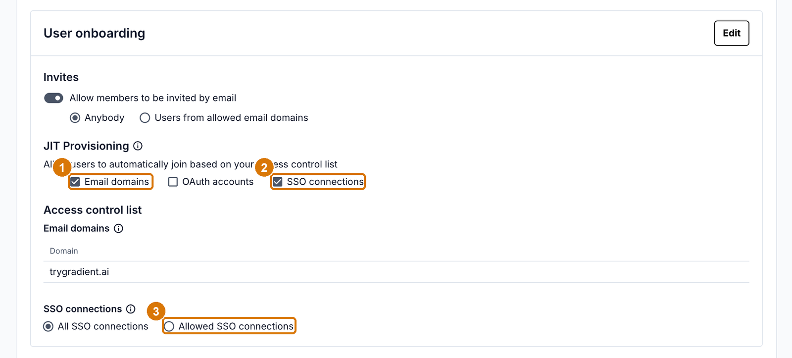 The User onboarding block with the JIT provisioning checkboxes and the Allowed SSO connections option highlighted