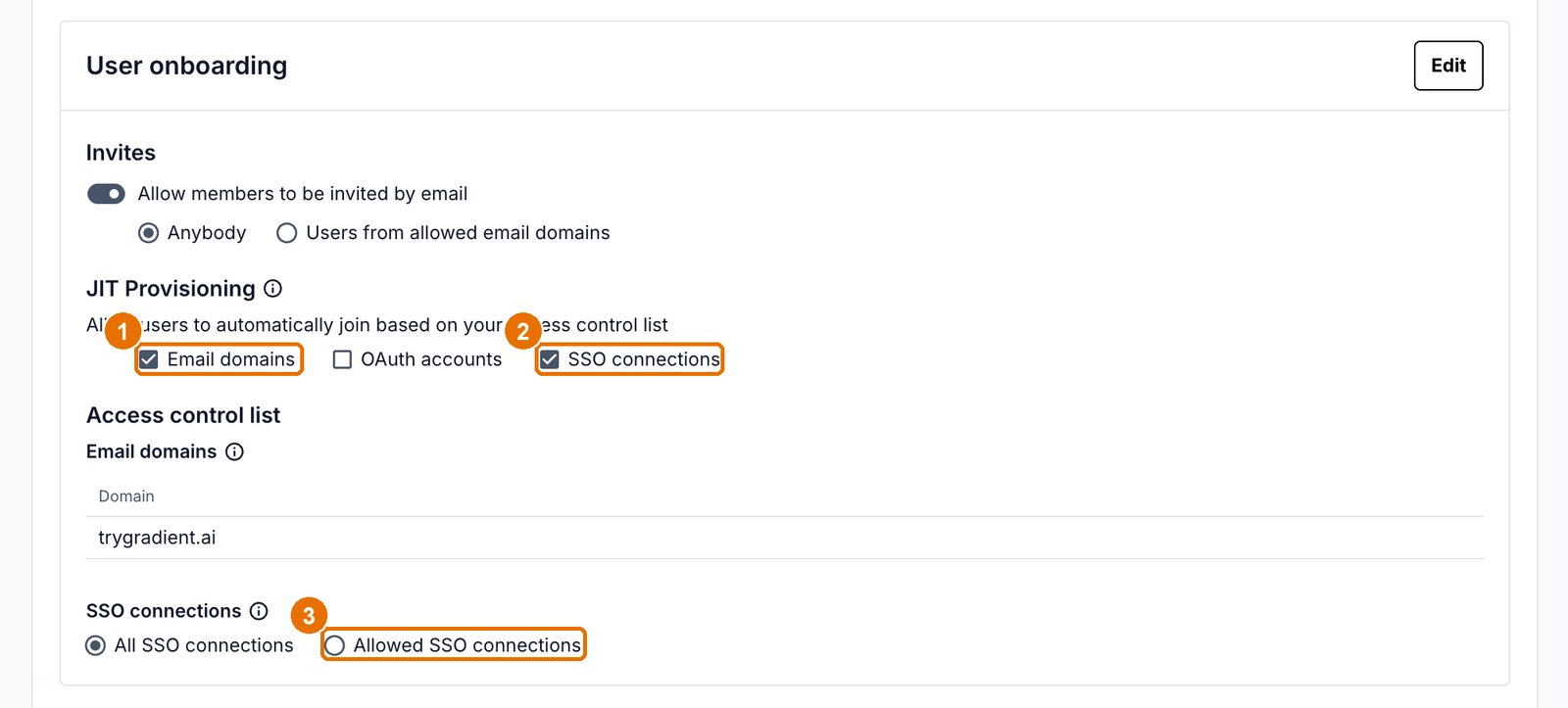 The User onboarding block with the JIT provisioning checkboxes and the Allowed SSO connections option highlighted