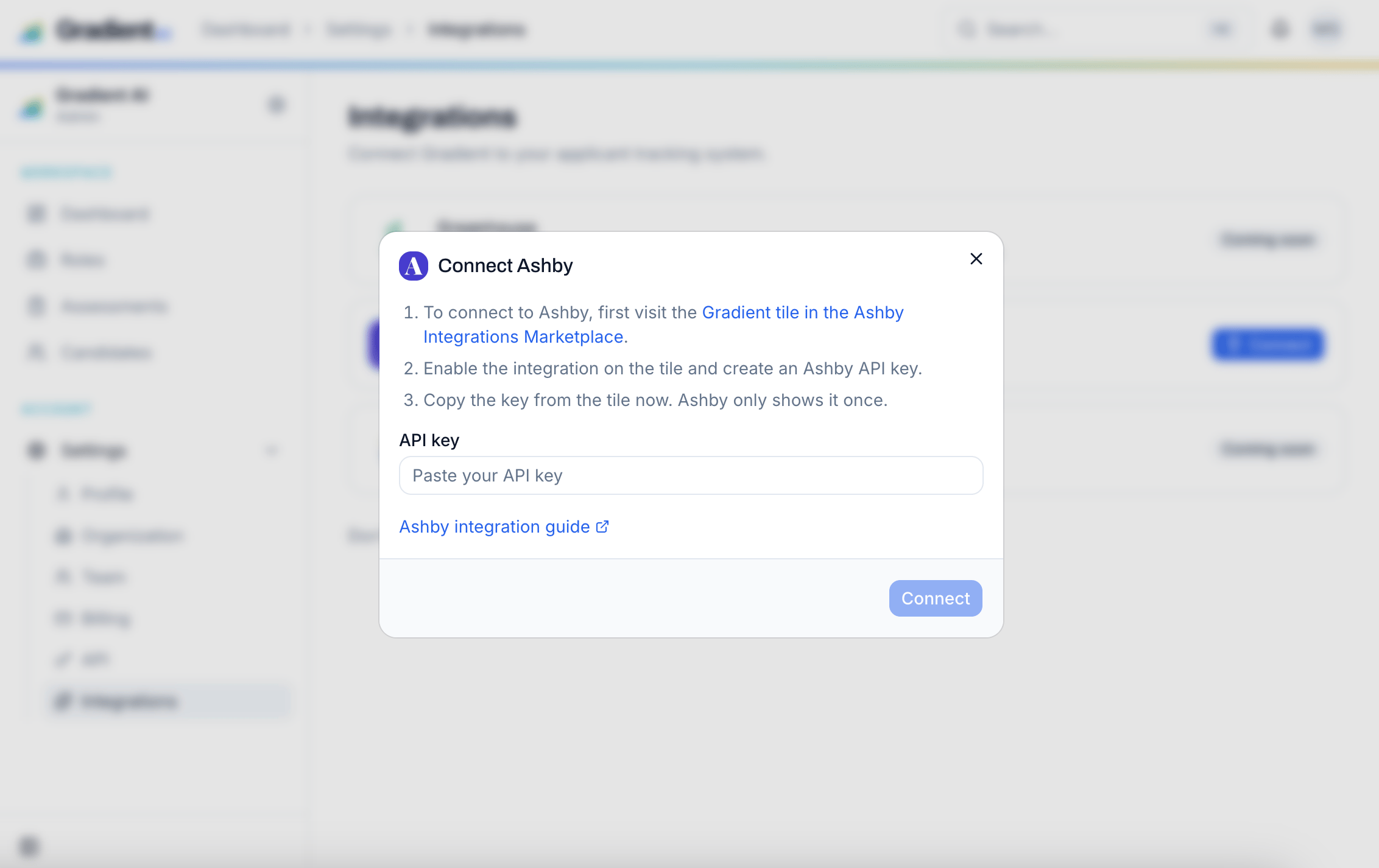 Gradient's Connect Ashby dialog with a field to paste the Ashby API key
