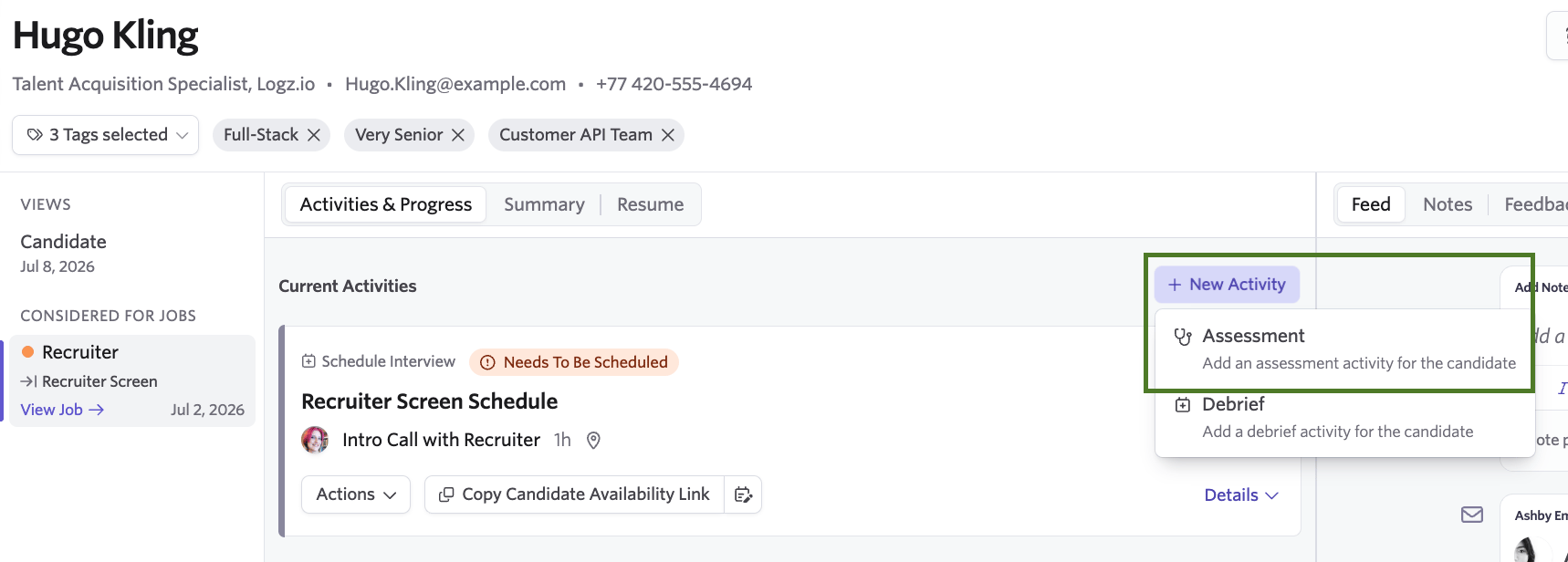 The New Activity menu on an Ashby candidate profile, with Assessment selected