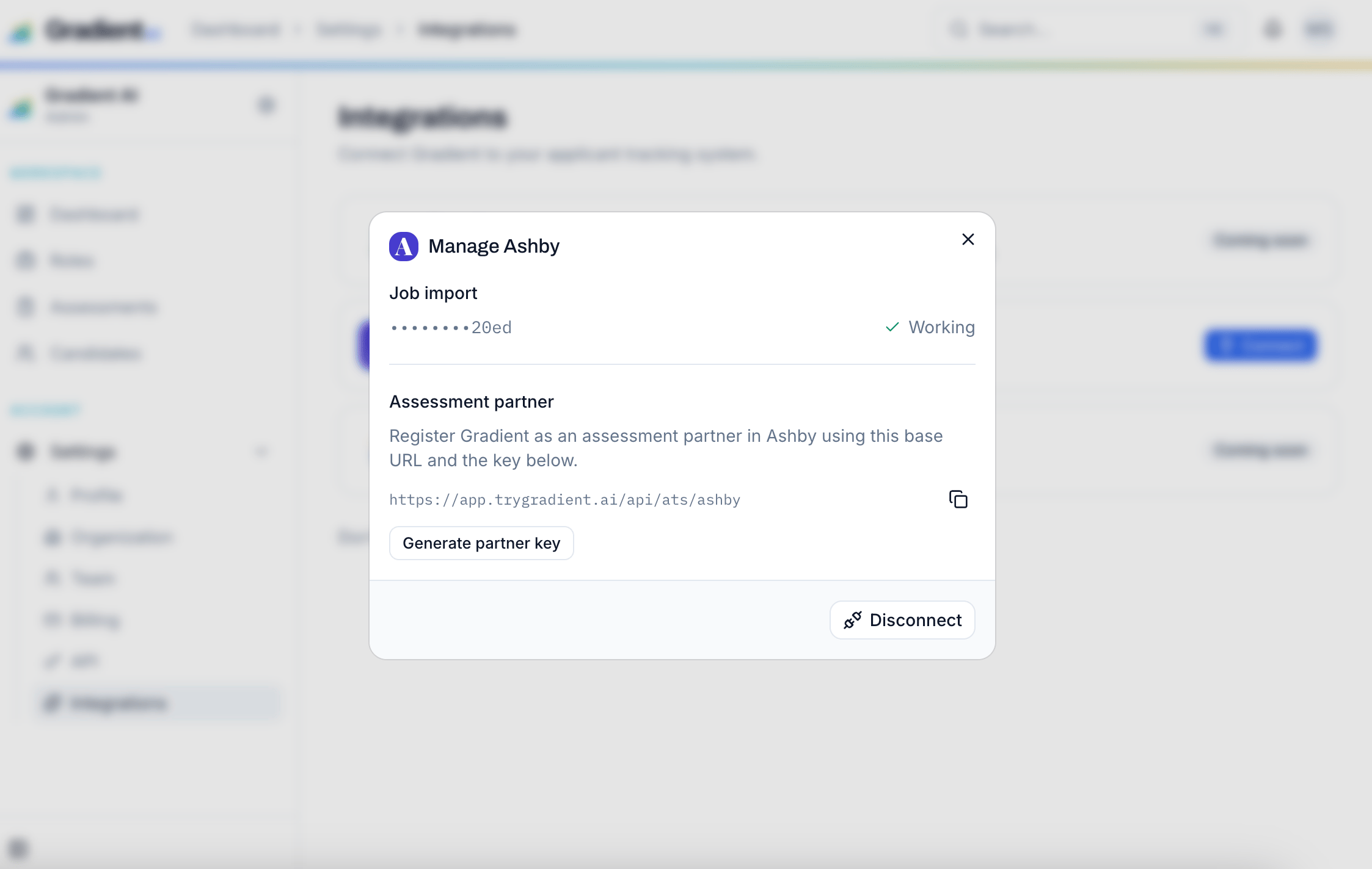 Gradient's Manage Ashby dialog showing Job import Working and a Generate partner key button