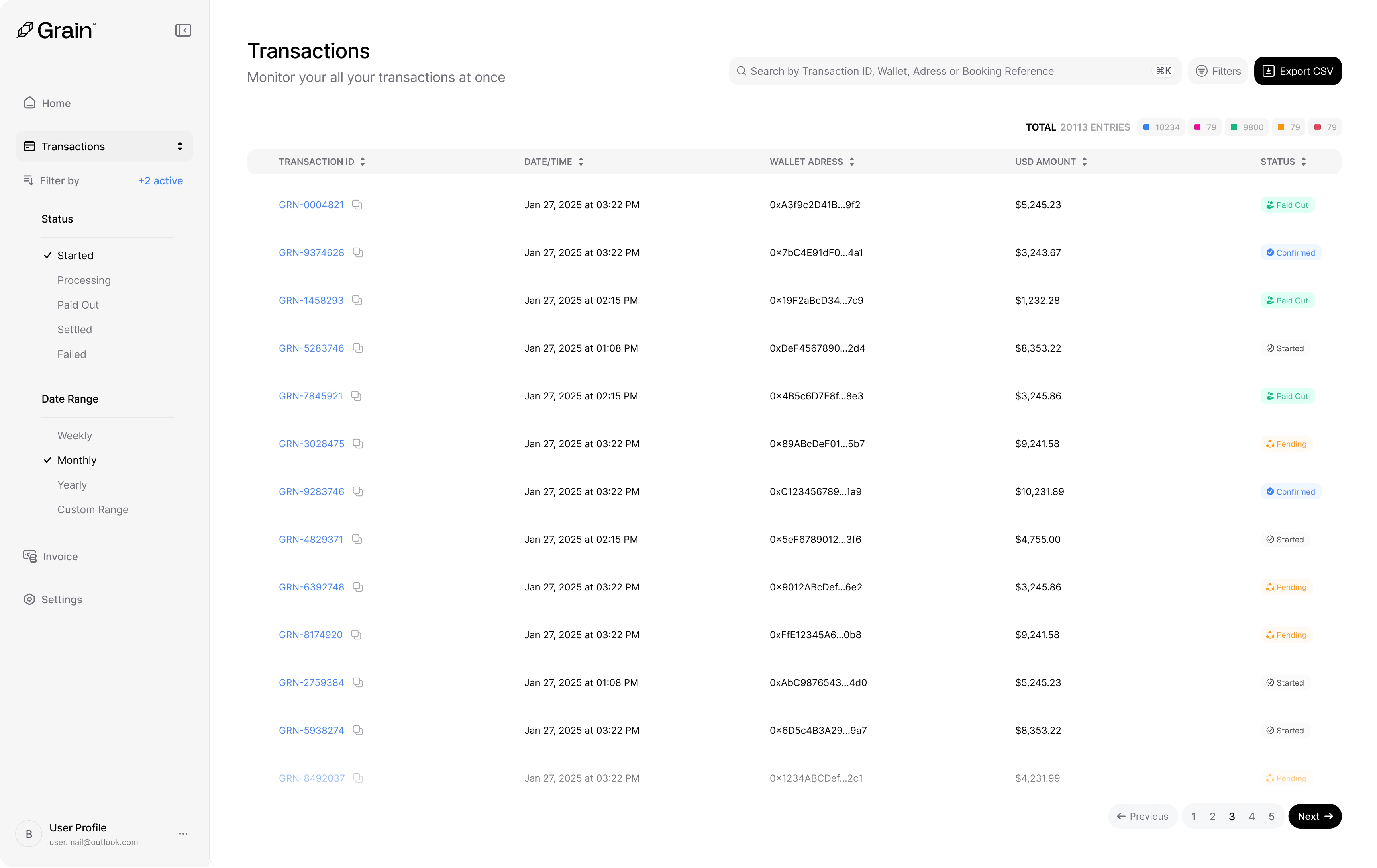 Transactions page overview