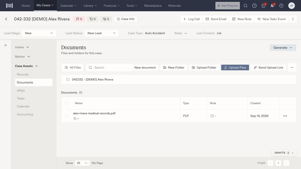 Alex Rivera demo case Documents page with Upload Files and the uploaded alex-rivera-medical-records.pdf source file.