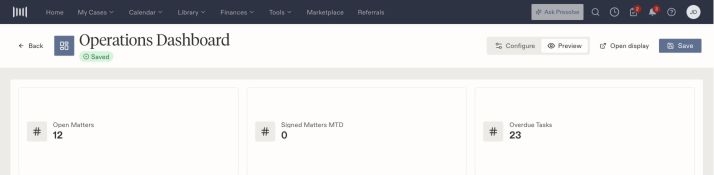 Operations Dashboard preview showing Open Matters, Signed Matters MTD, Overdue Tasks, and the Open display control.