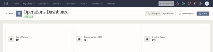Operations Dashboard preview showing Open Matters, Signed Matters MTD, Overdue Tasks, and the Open display control.