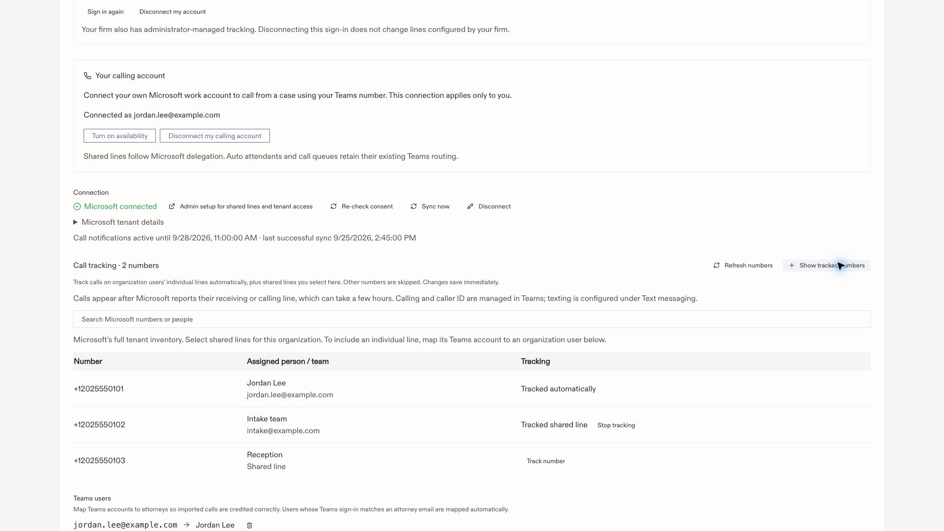 Microsoft number inventory with tracked employee and intake lines and a reception line offering Track number.