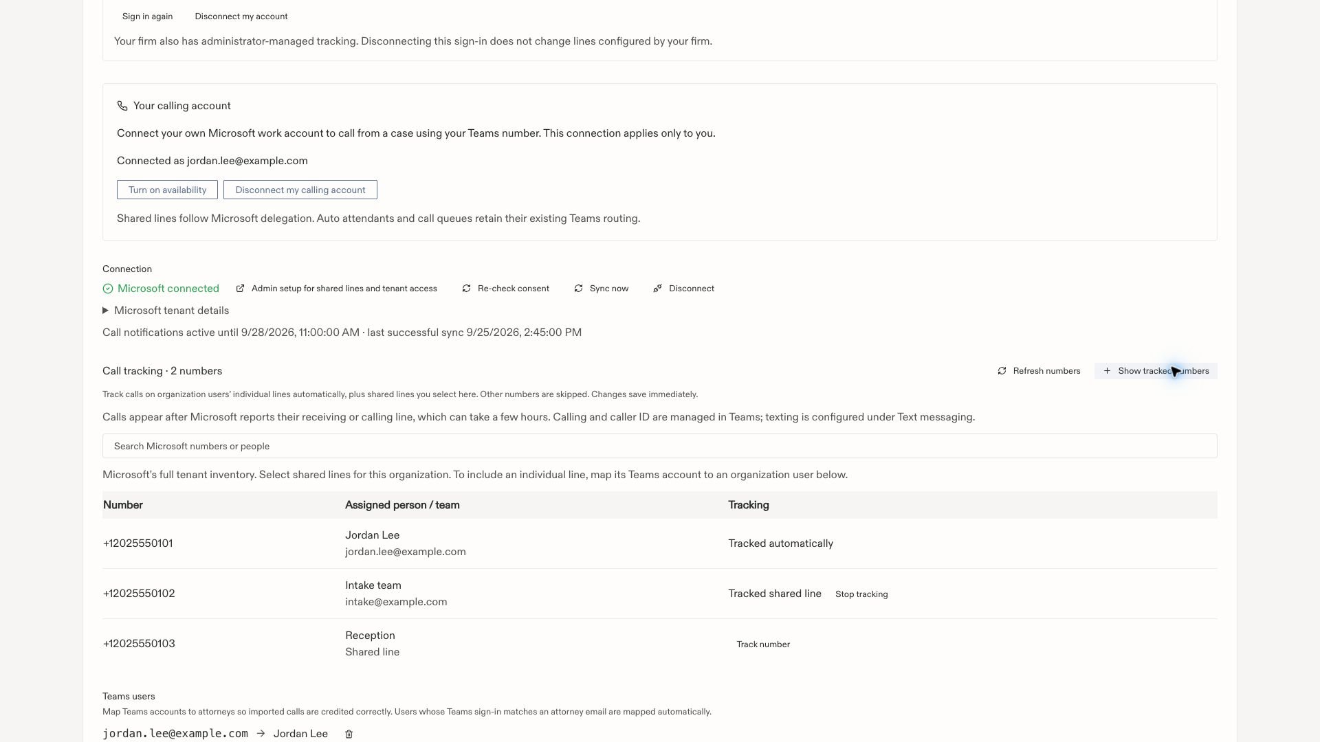 Microsoft number inventory with tracked employee and intake lines and a reception line offering Track number.