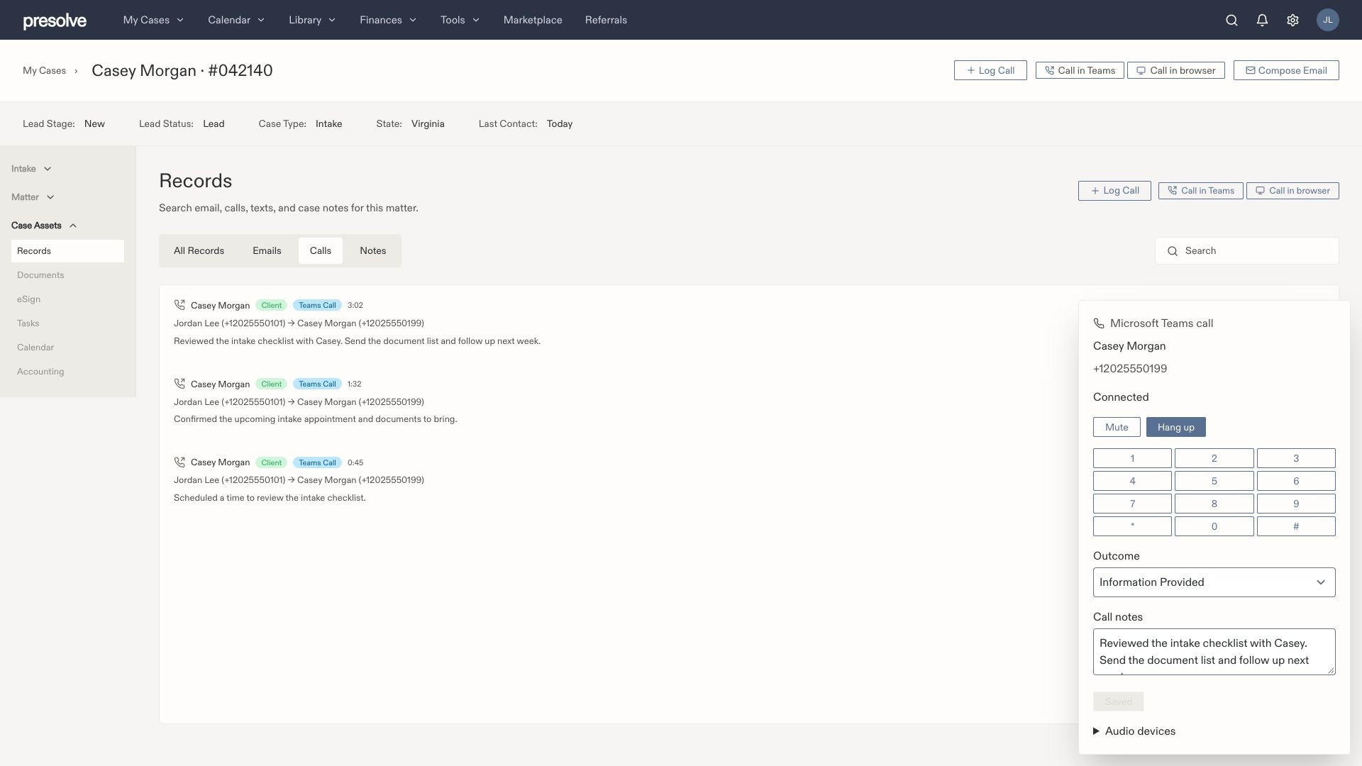 Browser call panel showing Connected, Mute, Hang up, keypad, Information Provided outcome, sample notes, and Saved status.