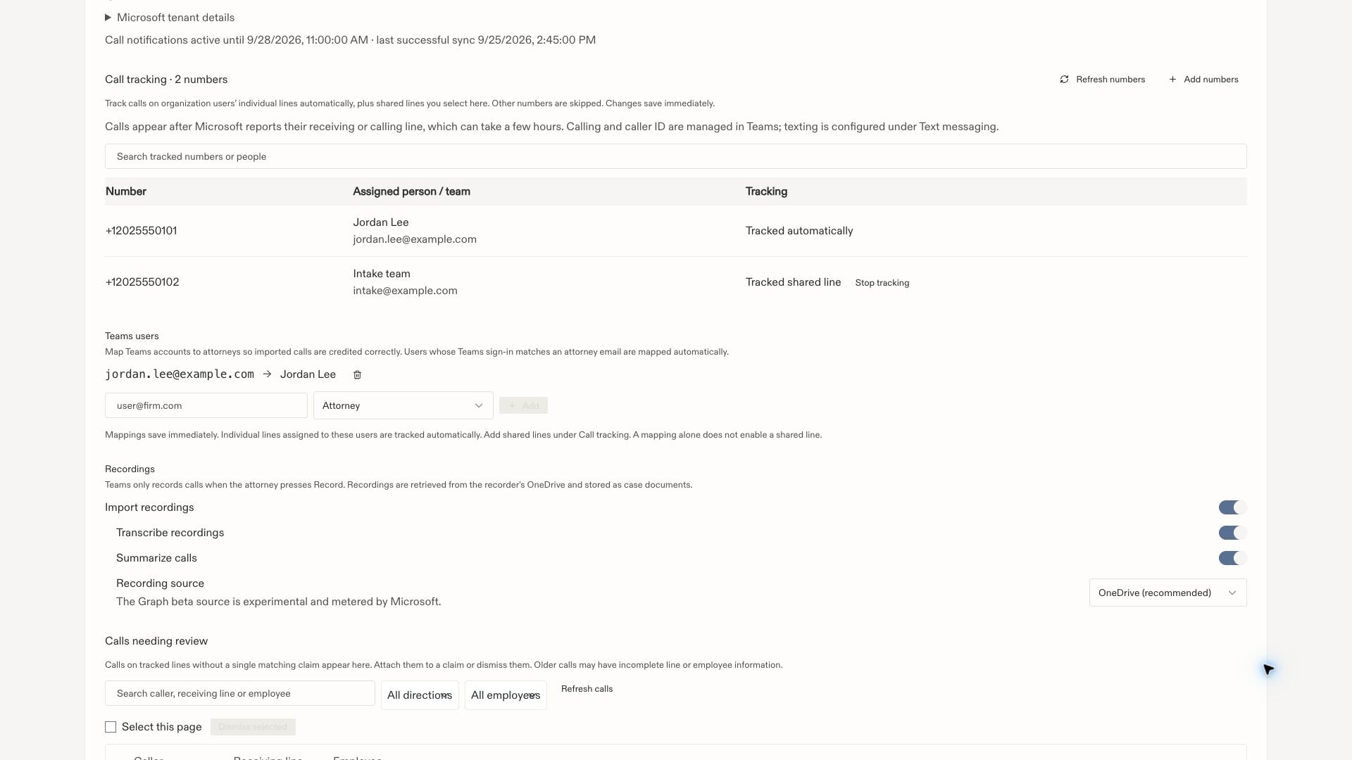Tracked employee and intake numbers, a saved employee mapping, and recording import settings.